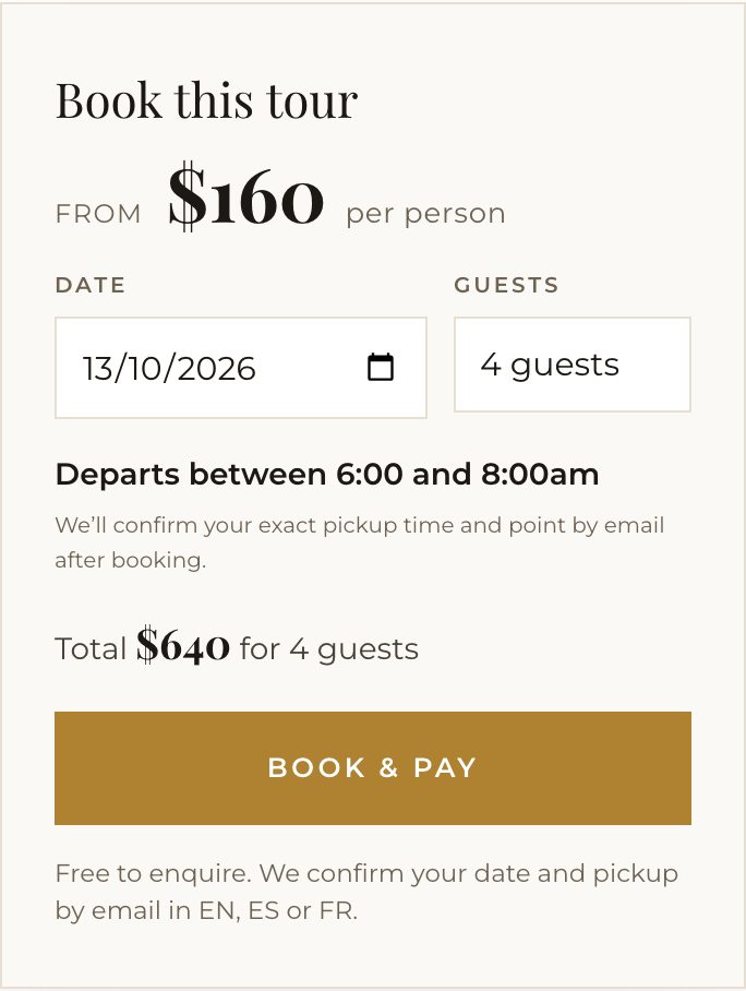 Legend's booking card: date, number of guests and the total price