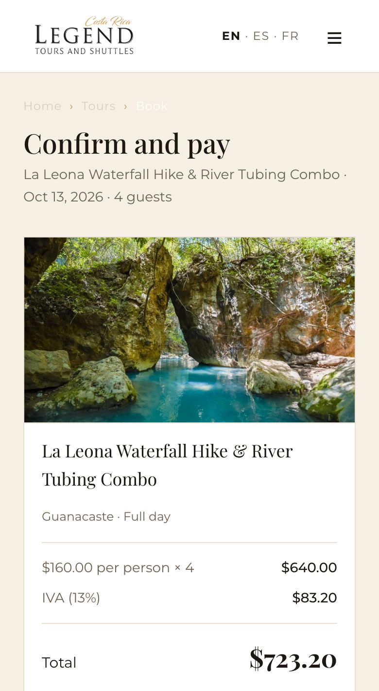 Legend Costa Rica's checkout: confirm and pay, with the price for 4 guests