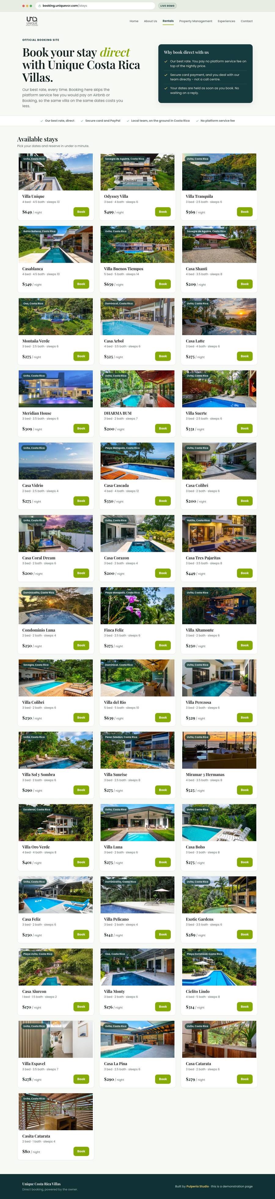 The Unique Costa Rica Villas booking site, top to bottom